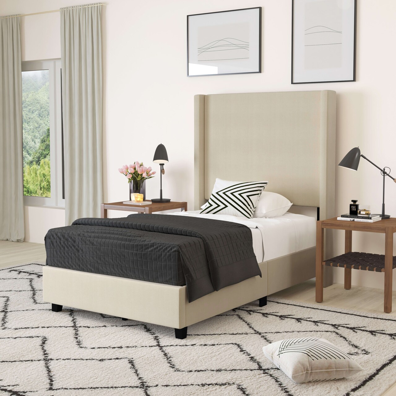 Merrick Lane Bramlett Modern Platform Bed - Gray Faux Linen - Queen - Padded Wingback Headboard - 6" Floor Clearance - Wood Support Slats - No Box Spring Needed